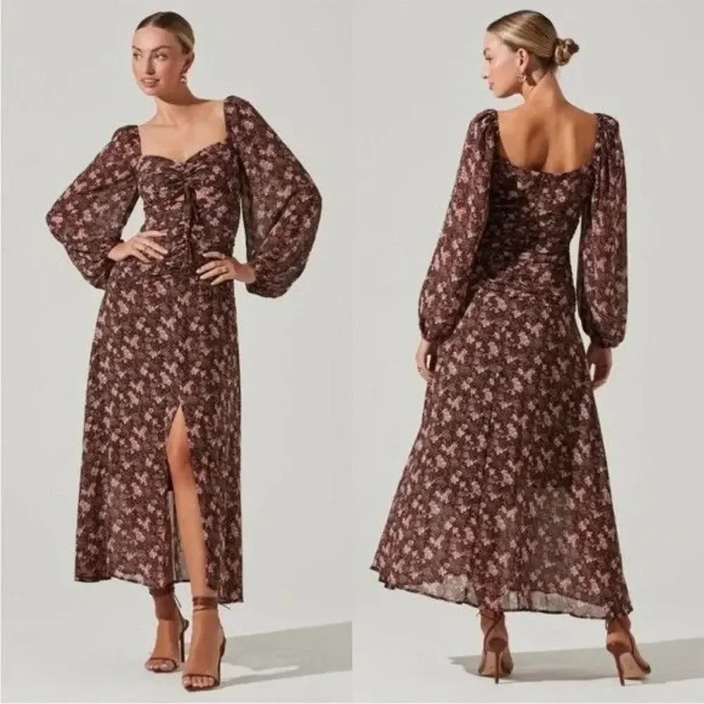 Astr Floral Midi Dress in Brown and Pink - Picture 1 of 14